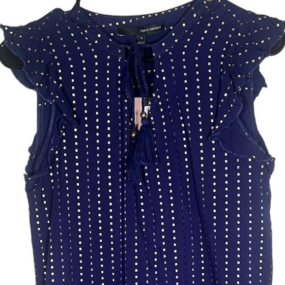 Harve Benard Ruffle Sleeves Sleeveless Blue & Gold Polka Dot Blouse / Size Small - Picture 2 of 6